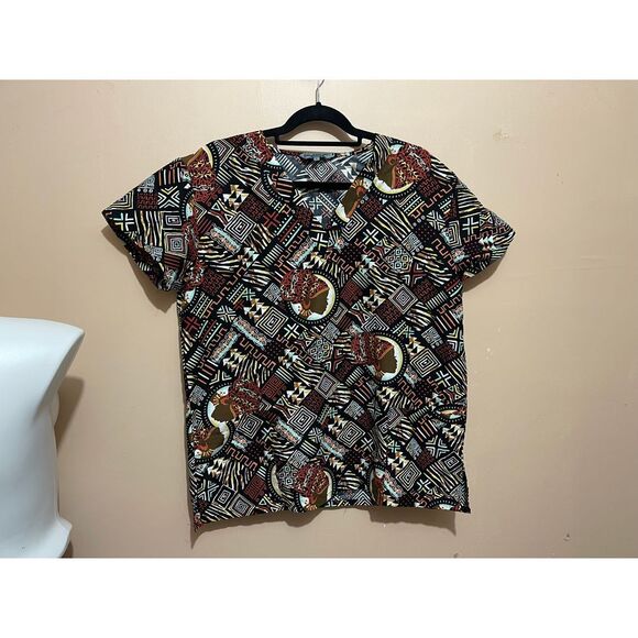 Bannock Court Tops - Bannock Court‎ Tribal Print Short Sleeve Medical Scrub Top Geo Pattern Aztec  L